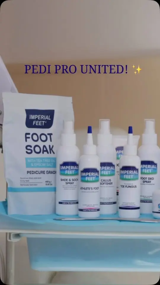 Reelcover van Imperial Feet: voetzorgproducten op een pedicuretafel, met de tekst Pedi Pro United.