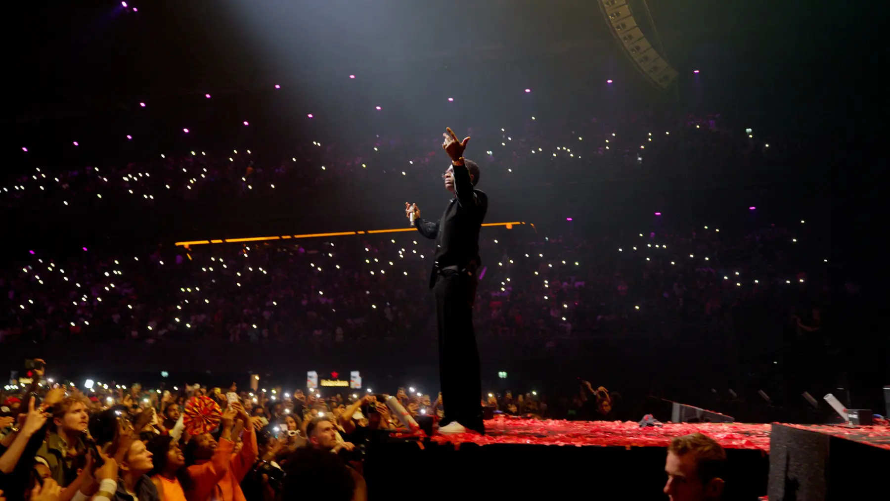 De artiest staat op het podium met een arm omhoog, het publiek houdt telefoonlampjes op.